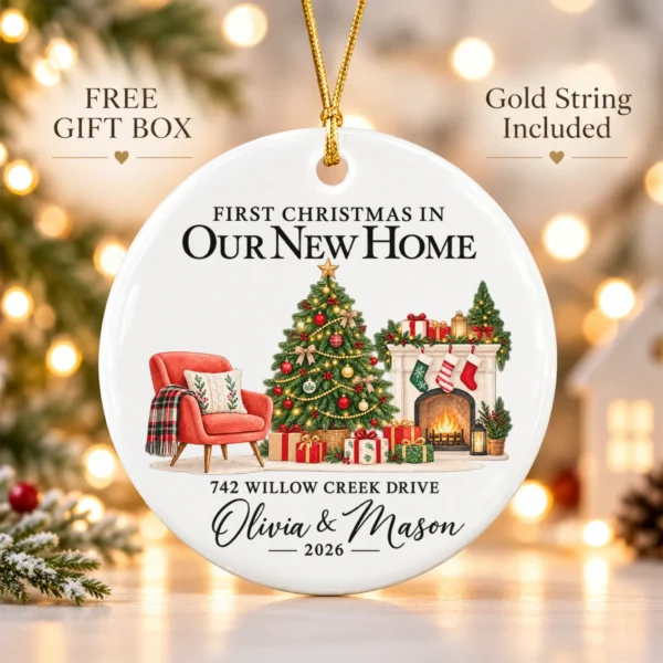 First Christmas New Home Ornament with Couple Names and Address — alternate product mockup first christmas new home ornament with couple names and address alternate product mockup