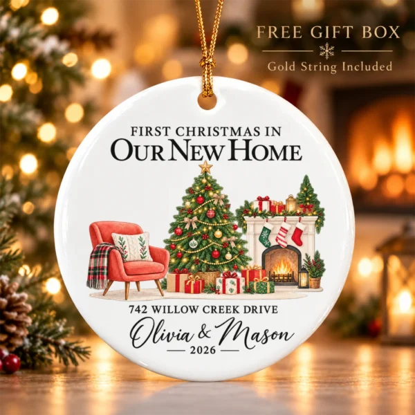 First Christmas New Home Ornament with Couple Names and Address — alternate product mockup first christmas new home ornament with couple names and address alternate product mockup