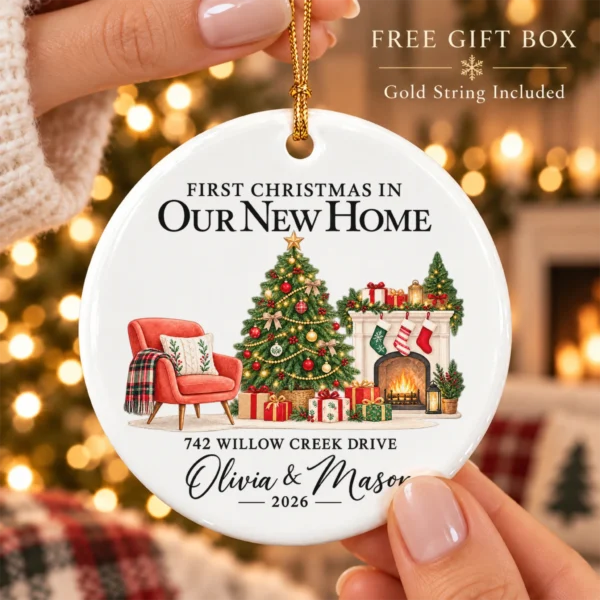 first christmas new home ornament with couple names and address product mockup