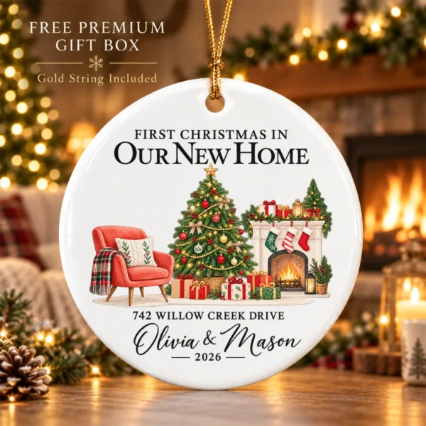 First Christmas New Home Ornament with Couple Names and Address — alternate product mockup first christmas new home ornament with couple names and address alternate product mockup