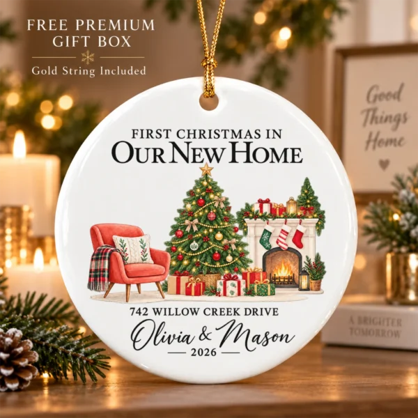 First Christmas New Home Ornament with Couple Names and Address — alternate product mockup first christmas new home ornament with couple names and address alternate product mockup