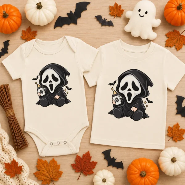 Halloween Ghost Mask Baby Bodysuit or Toddler Shirt — baby bodysuit mockup halloween baby bodysuit flat lay view