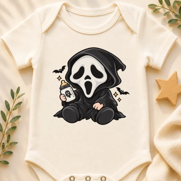 Halloween Ghost Mask Baby Bodysuit or Toddler Shirt — baby bodysuit mockup halloween baby bodysuit close-up detail