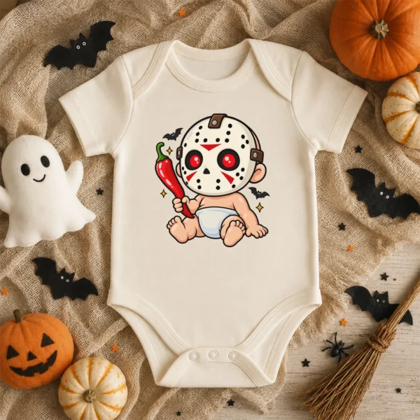 Baby Bodysuit or Toddler Shirt, Hockey Mask Halloween — baby bodysuit mockup hockey mask baby bodysuit product photo