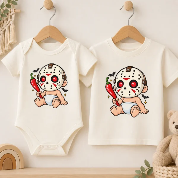 Baby Bodysuit or Toddler Shirt, Hockey Mask Halloween — baby bodysuit mockup hockey mask baby bodysuit product photo