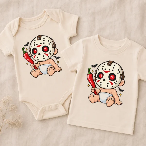 Baby Bodysuit or Toddler Shirt, Hockey Mask Halloween — alternate product mockup hockey mask baby bodysuit product photo