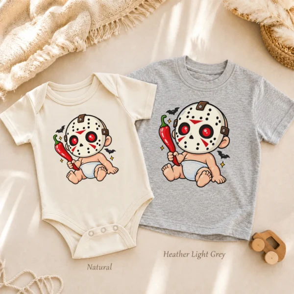 Baby Bodysuit or Toddler Shirt, Hockey Mask Halloween — alternate product mockup hockey mask baby bodysuit natural light photo