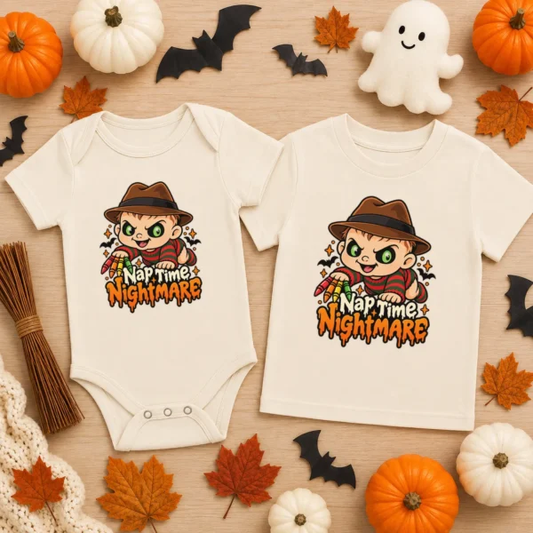 Halloween Nap Time Nightmare Baby Bodysuit or Toddler Shirt — baby bodysuit mockup nightmare baby bodysuit flat lay view
