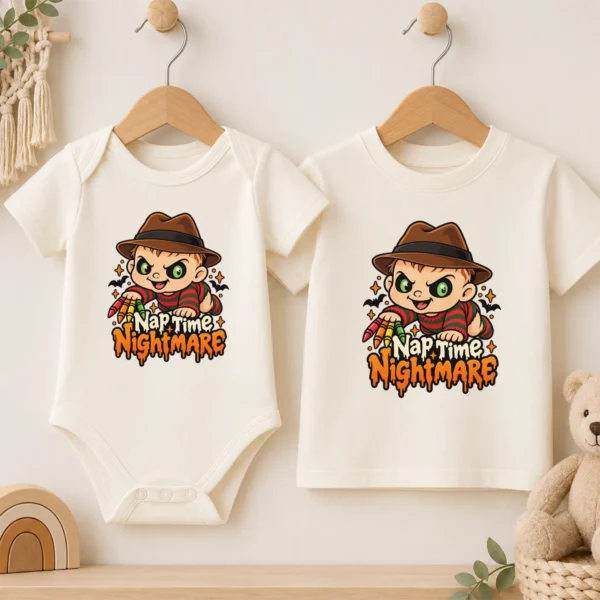 Halloween Nap Time Nightmare Baby Bodysuit or Toddler Shirt — baby bodysuit mockup nightmare baby bodysuit front view