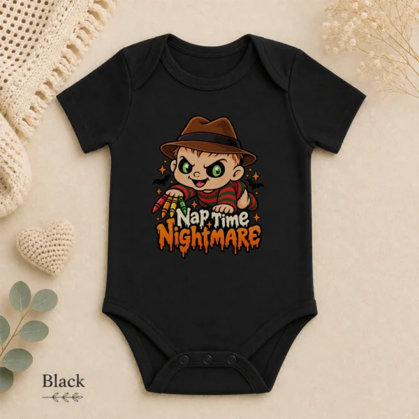 Halloween Nap Time Nightmare Baby Bodysuit or Toddler Shirt — alternate product mockup nightmare baby bodysuit close-up detail