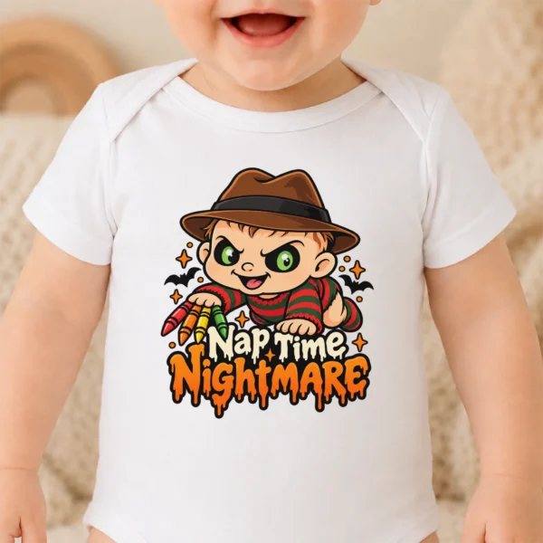 Halloween Nap Time Nightmare Baby Bodysuit or Toddler Shirt — baby bodysuit mockup nightmare baby bodysuit close-up detail