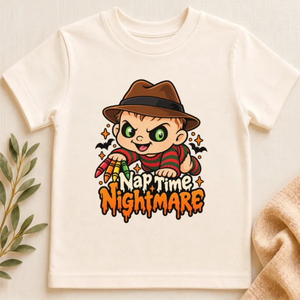 Halloween Nap Time Nightmare Baby Bodysuit or Toddler Shirt — toddler shirt mockup nightmare baby bodysuit close-up detail