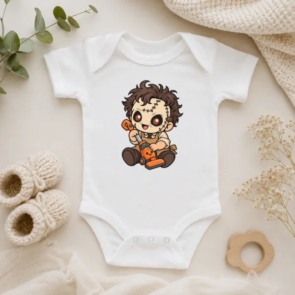 Halloween Toy Vacuum Patchwork Mask Baby Bodysuit or Toddler Shirt — alternate product mockup patchwork mask baby bodysuit product photo