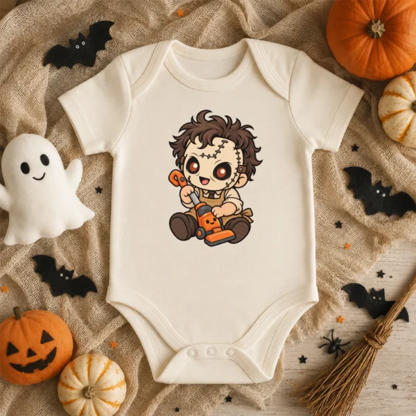 Halloween Toy Vacuum Patchwork Mask Baby Bodysuit or Toddler Shirt — baby bodysuit mockup patchwork mask baby bodysuit product photo