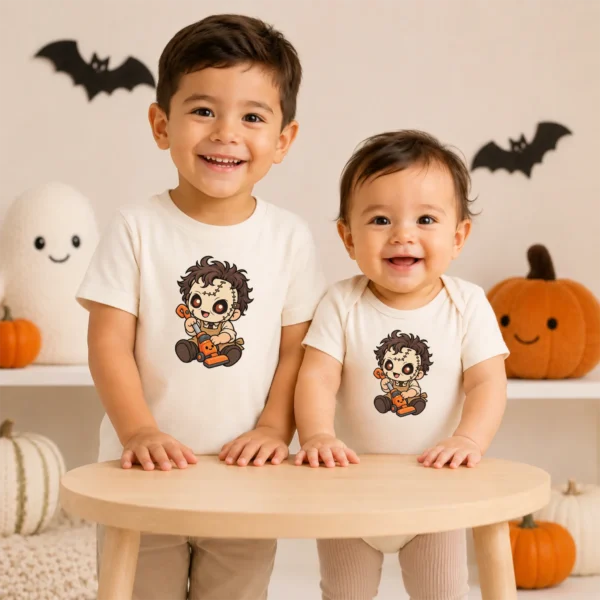 Halloween Toy Vacuum Patchwork Mask Baby Bodysuit or Toddler Shirt — baby bodysuit mockup patchwork mask baby bodysuit front view