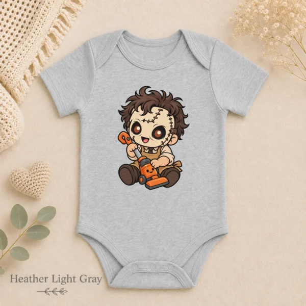 Halloween Toy Vacuum Patchwork Mask Baby Bodysuit or Toddler Shirt — alternate product mockup patchwork mask baby bodysuit close-up detail
