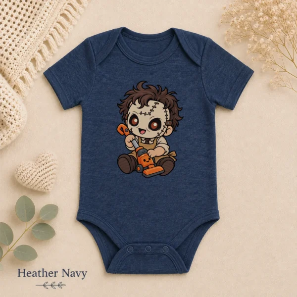 Halloween Toy Vacuum Patchwork Mask Baby Bodysuit or Toddler Shirt — alternate product mockup patchwork mask baby bodysuit styled product photo
