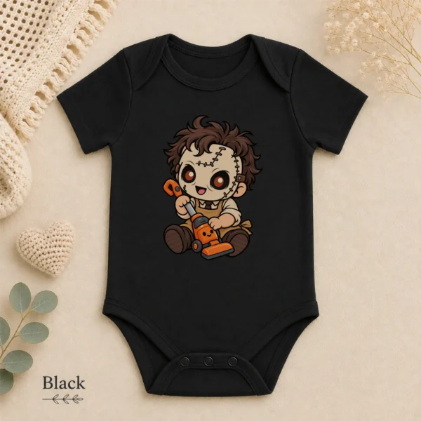 Halloween Toy Vacuum Patchwork Mask Baby Bodysuit or Toddler Shirt — alternate product mockup patchwork mask baby bodysuit lifestyle scene