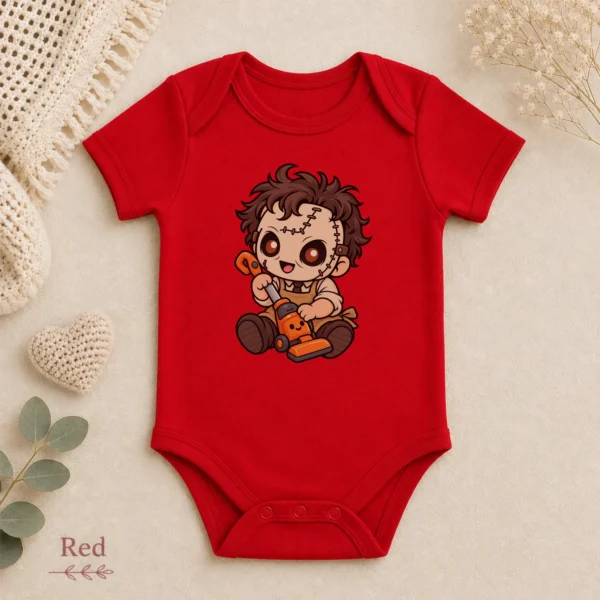 Halloween Toy Vacuum Patchwork Mask Baby Bodysuit or Toddler Shirt — alternate product mockup patchwork mask baby bodysuit alternate angle