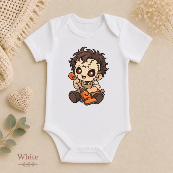Halloween Toy Vacuum Patchwork Mask Baby Bodysuit or Toddler Shirt — alternate product mockup patchwork mask baby bodysuit product photo