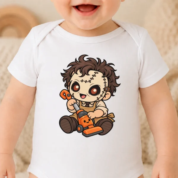 Halloween Toy Vacuum Patchwork Mask Baby Bodysuit or Toddler Shirt — baby bodysuit mockup patchwork mask baby bodysuit close-up detail