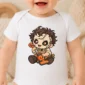 patchwork mask baby bodysuit close-up detail