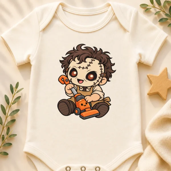 Halloween Toy Vacuum Patchwork Mask Baby Bodysuit or Toddler Shirt — baby bodysuit mockup patchwork mask baby bodysuit close-up detail