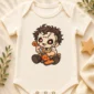 patchwork mask baby bodysuit close-up detail
