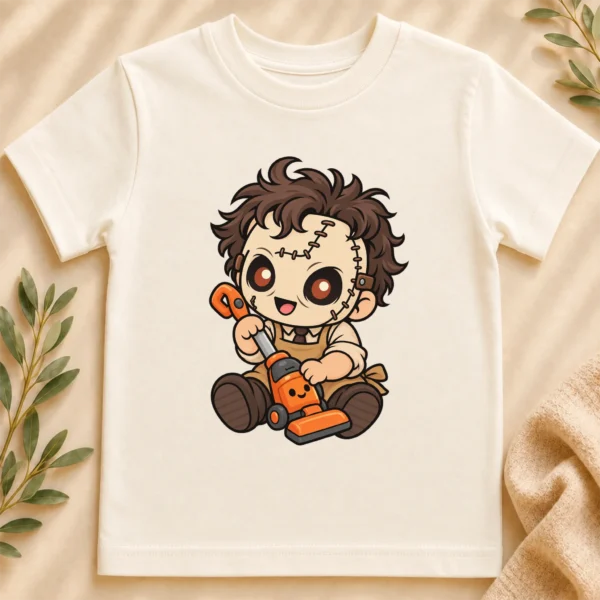 Halloween Toy Vacuum Patchwork Mask Baby Bodysuit or Toddler Shirt — toddler shirt mockup patchwork mask baby bodysuit close-up detail