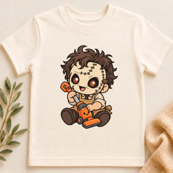 Halloween Toy Vacuum Patchwork Mask Baby Bodysuit or Toddler Shirt — toddler shirt mockup patchwork mask baby bodysuit close-up detail