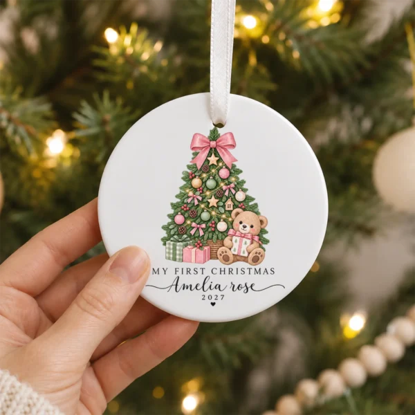 Personalized Baby's My First Christmas 2027 Ornament — alternate product mockup personalized baby’s first christmas ornament product image lifestyle scene