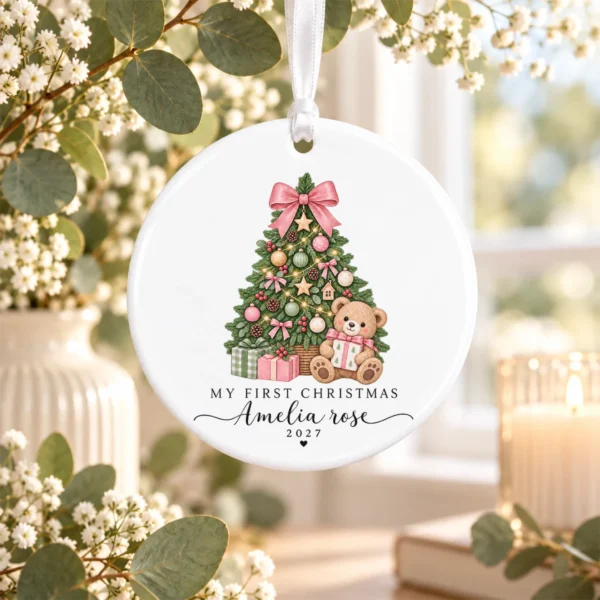 Personalized Baby's My First Christmas 2027 Ornament — alternate product mockup personalized baby’s first christmas ornament product image alternate angle