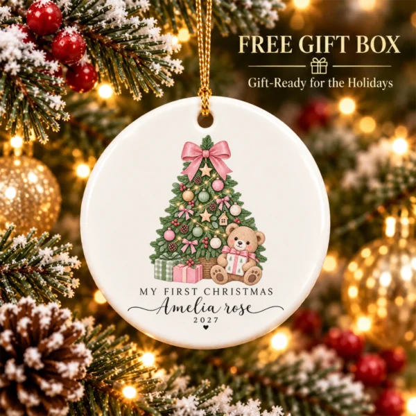 Personalized Baby's My First Christmas 2027 Ornament — alternate product mockup personalized baby’s first christmas ornament product image close-up detail