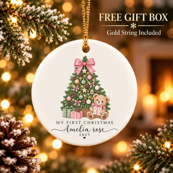 Personalized Baby's My First Christmas 2027 Ornament — alternate product mockup personalized baby’s first christmas ornament product image styled product photo