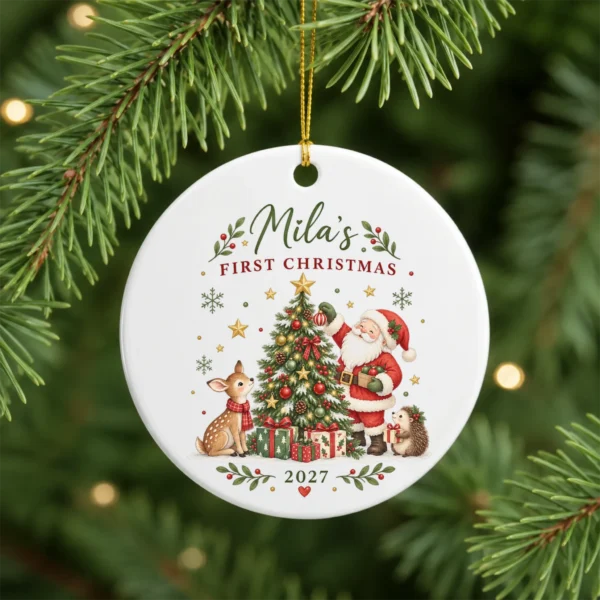 Personalized Baby Christmas Ornament, Baby’s First Christmas — alternate product mockup personalized baby’s first christmas ornament product image product photo