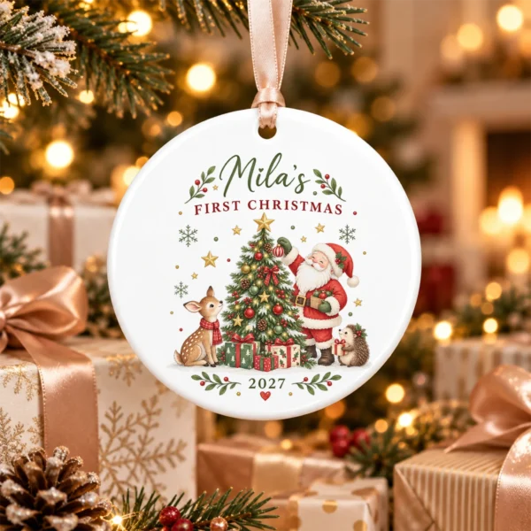 Personalized Baby Christmas Ornament, Baby’s First Christmas — alternate product mockup personalized baby’s first christmas ornament product image product photo