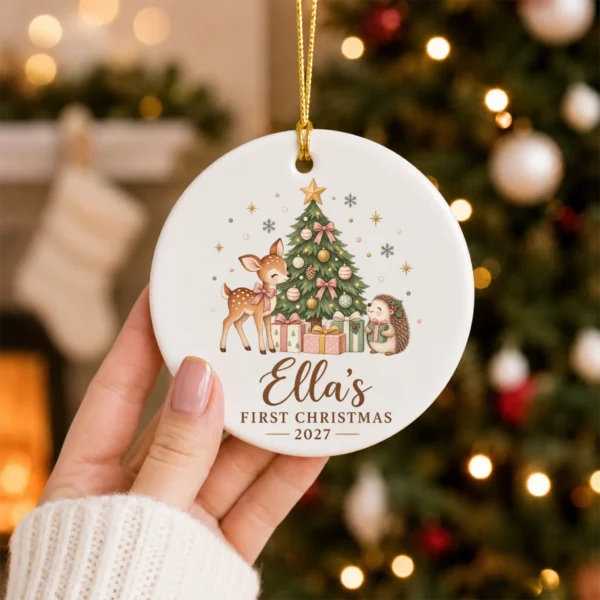 Personalized Name Christmas Ornament, Baby’s First Christmas 2026 — alternate product mockup personalized baby’s first christmas ornament product image close-up detail