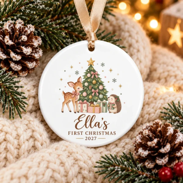 Personalized Name Christmas Ornament, Baby’s First Christmas 2026 — alternate product mockup personalized baby’s first christmas ornament product image styled product photo