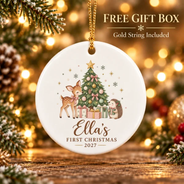 Personalized Name Christmas Ornament, Baby’s First Christmas 2026 — alternate product mockup personalized baby’s first christmas ornament product image alternate angle
