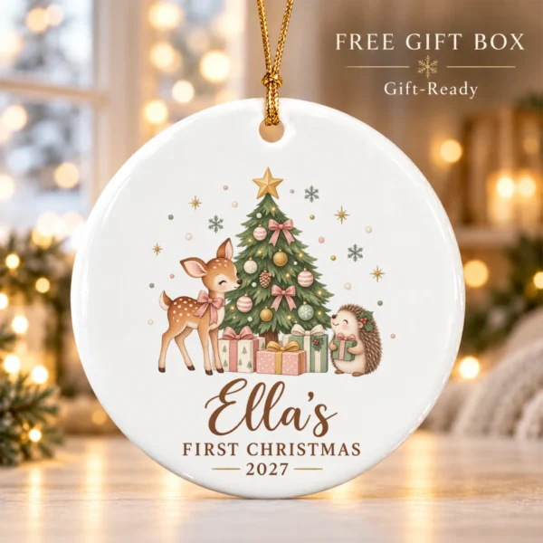 Personalized Name Christmas Ornament, Baby’s First Christmas 2026 — alternate product mockup personalized baby’s first christmas ornament product image front view