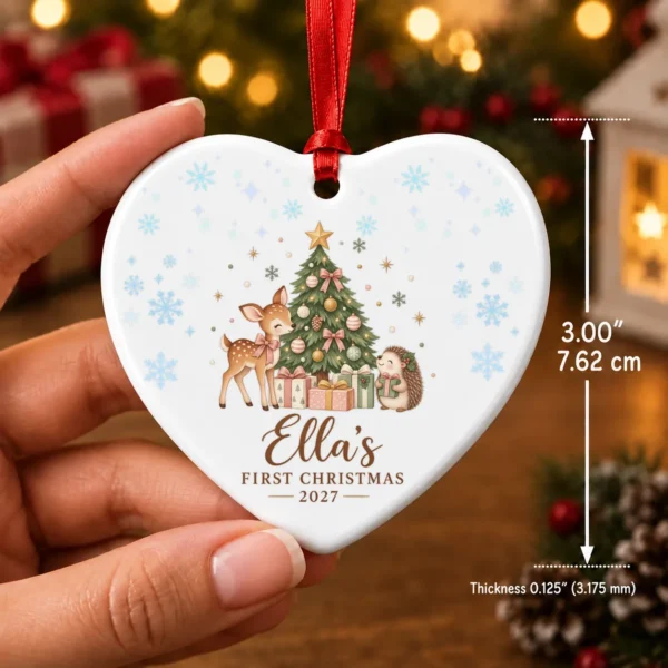 Personalized Name Christmas Ornament, Baby’s First Christmas 2026 — alternate product mockup personalized baby’s first christmas ornament product image size detail