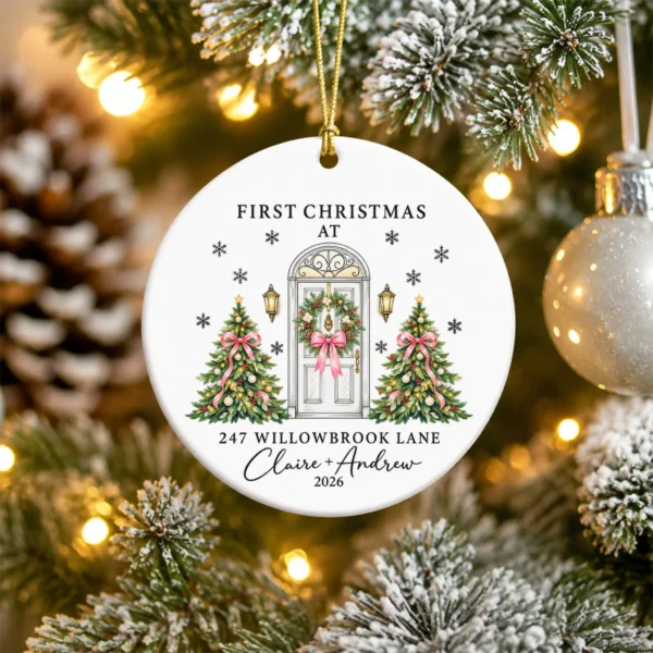 Personalized Ceramic New Home Ornament for First Christmas Couple — alternate product mockup personalized ceramic new home ornament for first christmas couple product image product photo