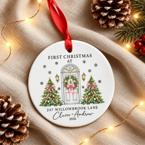 Personalized Ceramic New Home Ornament for First Christmas Couple — alternate product mockup personalized ceramic new home ornament for first christmas couple product image lifestyle scene