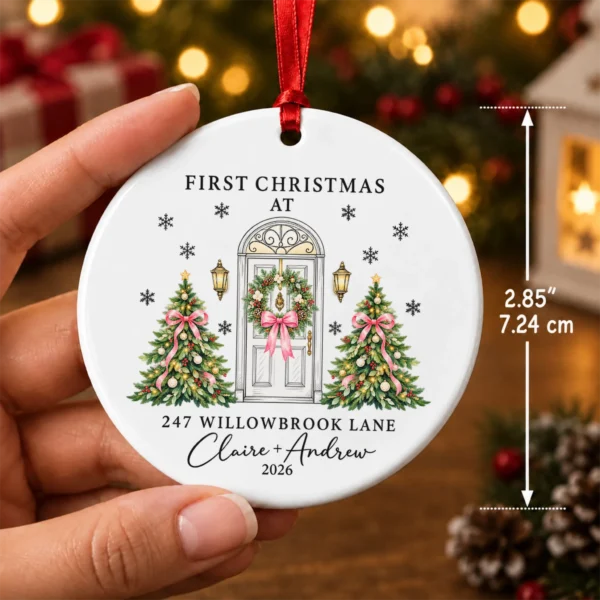 Personalized Ceramic New Home Ornament for First Christmas Couple — alternate product mockup personalized ceramic new home ornament for first christmas couple product image product photo