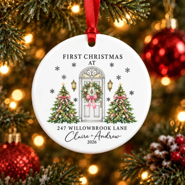 Personalized Ceramic New Home Ornament for First Christmas Couple — alternate product mockup personalized ceramic new home ornament for first christmas couple product image product photo