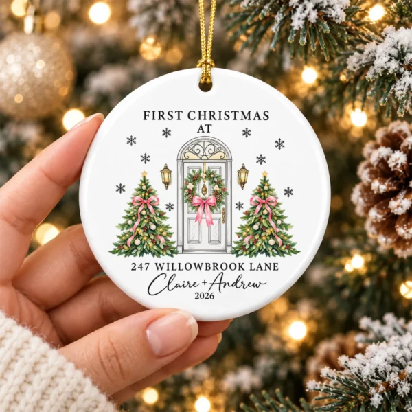 Personalized Ceramic New Home Ornament for First Christmas Couple — alternate product mockup personalized ceramic new home ornament for first christmas couple product image product photo