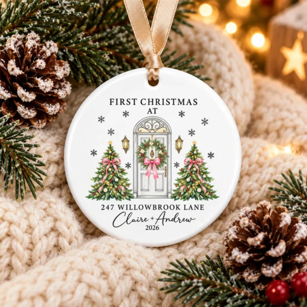 Personalized Ceramic New Home Ornament for First Christmas Couple — alternate product mockup personalized ceramic new home ornament for first christmas couple product image product photo