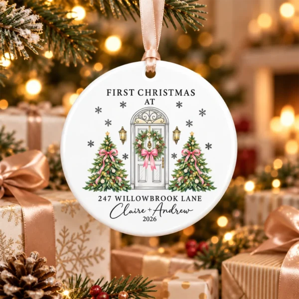 Personalized Ceramic New Home Ornament for First Christmas Couple — alternate product mockup personalized ceramic new home ornament for first christmas couple product image product photo