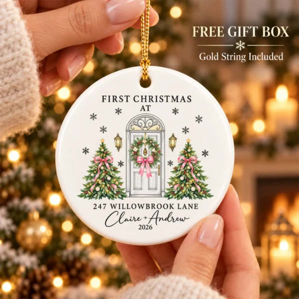 Personalized Ceramic New Home Ornament for First Christmas Couple — alternate product mockup personalized ceramic new home ornament for first christmas couple product image product detail