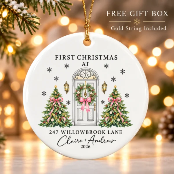 Personalized Ceramic New Home Ornament for First Christmas Couple — alternate product mockup personalized ceramic new home ornament for first christmas couple product image product photo